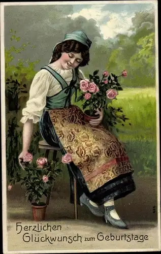 Präge Ak Glückwunsch Geburtstag, Frau in Tracht, Rosen, Blumentopf