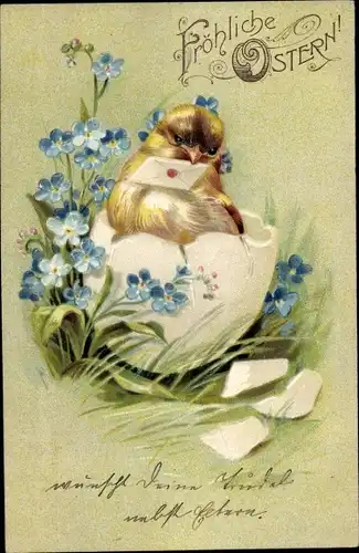 Präge Litho Glückwunsch Ostern, Küken, Eierschale, Vergissmeinnicht