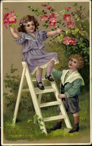 Ak Glückwunsch Geburtstag, Kinder pflücken Blumen, Leiter