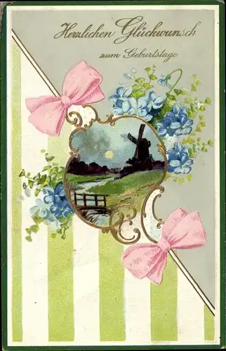 Präge Ak Glückwunsch Geburtstag, Vergissmeinnicht, Schleifen, Windmühle, Mond