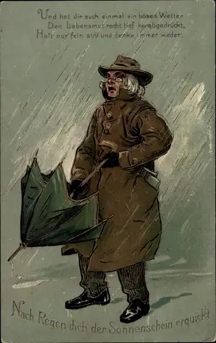 Präge Ak Regnerisches Wetter, Nach Regen dich der Sonnenschein erquickt, Frau mit Regenschirm