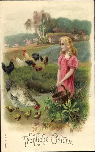 Präge Ak Glückwunsch Ostern, Mädchen, Hühner, Küken