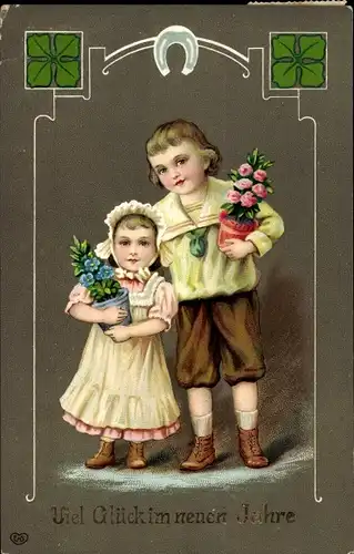 Ak Glückwunsch Neujahr, Kinder, Blumen, Glücksklee, Hufeisen