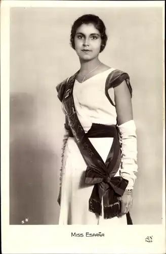 Ak Miss Espana, Frauenportrait, Schärpe, Kleid