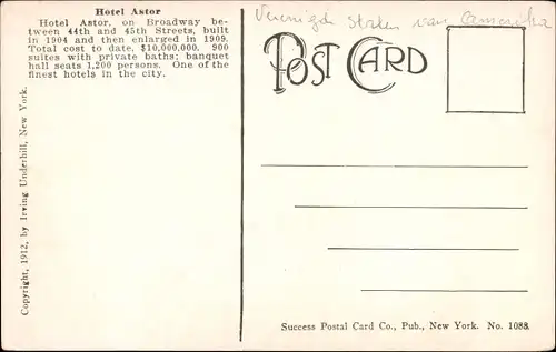 Ak New York City USA, Hotel Astor