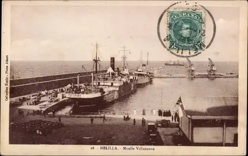 Ak Melilla Spanien, Muelle Villanueva, Schiffe