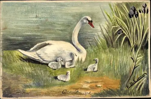 Künstler Ak Schwäne, Schwan mit Küken, Ufer