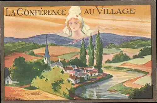 Künstler Ak La Conférence au Village, Frankreich, Dorf mit Fluss