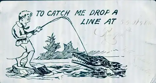 Metall Ak To cath me drop me a line, Angler hat Krokodil am Haken