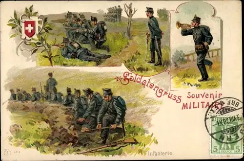 Künstler Litho Soldatengruß, Souvenir Militaire, Schweizer Soldaten