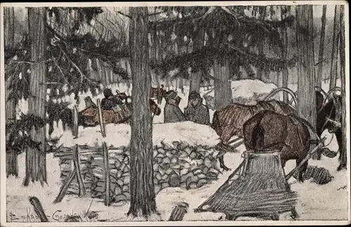 Künstler Ak Russland, Schlittengespann beladen mit Holz