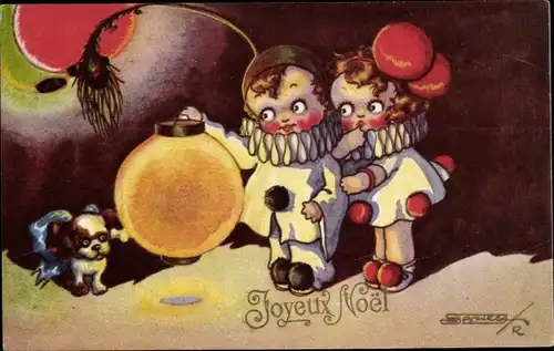 Künstler Ak Glückwunsch Weihnachten, Pierrot und Pierrette mit Lampion
