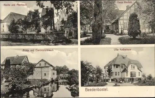 Ak Beedenbostel, Kirche, Pfarrhaus, Haus Ammon, Villa Kathariene, Elektrizitätswerk, Mühle