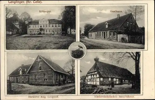 Ak Langlingen, Rittergut, Gasthaus, Bäckerei Aug. Leopold, Niedersächsisches Bauernhaus, Storch
