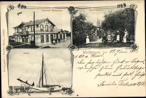 Ak Wollersum Groven in Dithmarschen, Fährhaus, Hafen, Segelschiff, Konzertgarten