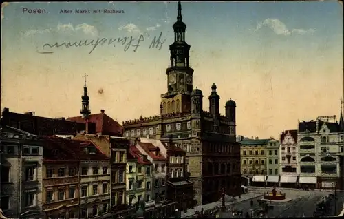 Ak Poznań Posen, Alter Markt mit Rathaus, Geschäftshäuser, Brunnen