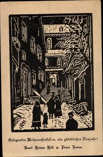 Künstler Ak Hill, K. H., Glückwunsch Weihnachten und Neujahr, Stadtansicht, Passanten