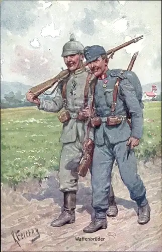 Künstler Ak Feiertag, Karl, Deutscher und Kuk Soldat in Uniformen, Waffenbrüder, I. WK