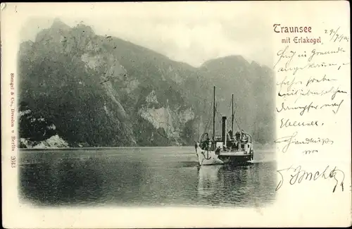 Ak Traunsee Oberösterreich, mit Erlakogel, Dampfer
