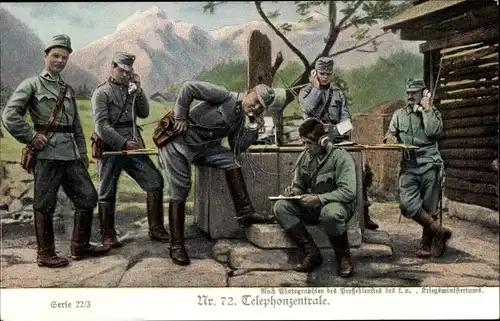 Ak Telephonzentrale, KuK Armee, Feldtelefon, Alpenkrieg