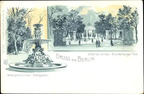 Litho Berlin, Brandenburger Tor, Unter den Linden, Wrangelbrunnen im Tiergarten