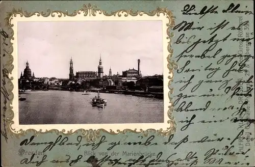 Passepartout Ak Dresden Altstadt, Blick von der Marienbrücke, Dampfer, Kirche