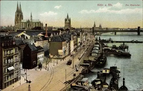 Ak Köln am Rhein, Am Rheinufer, Brücke, Dom, Schiffe