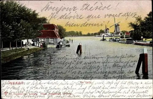 Ak Weesp Nordholland, Ortsansicht, De Vecht, Windmühlen