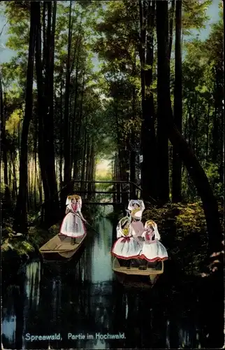 Ak Burg im Spreewald, Partie im Hochwald, Kahnpartie, Volkstracht