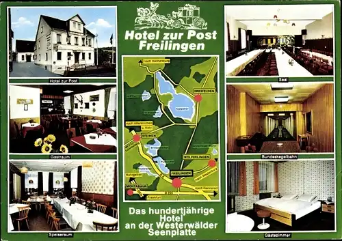 Ak Freilingen im Westerwald, Hotel Zur Post, Gästezimmer, Gastraum, Bundeskegelbahn, Saal
