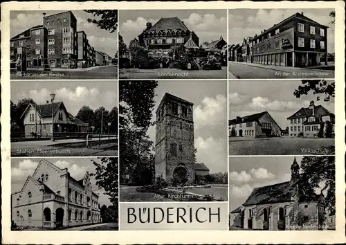 Ak Büderich Meerbusch am Niederrhein, Alter Kirchturm, An der Kreissparkasse, Landsknecht, Kapelle