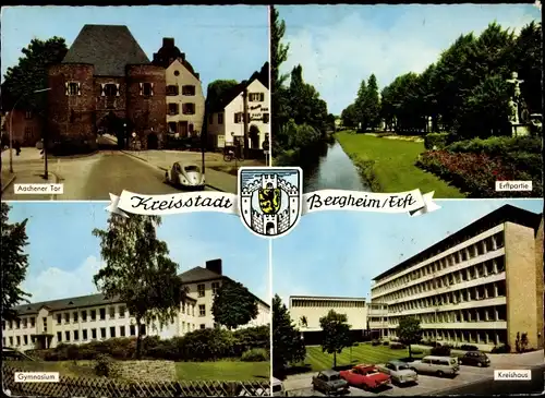 Ak Bergheim an der Erft, Wappen, Erftpartie, Kreishaus, Aachener Tor, Gymnasium