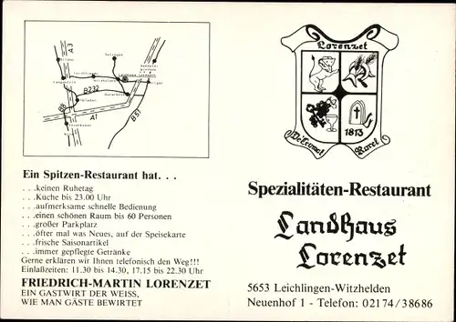 Ak Witzhelden Leichlingen im Rheinland, Spezialitäten-Restaurant Lorenzet, Terrasse, Speiseraum