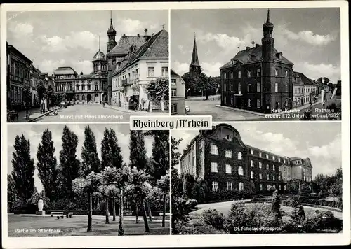 Ak Rheinber Niederrhein, Stadtpark, Markt, Haus Underberg, Kirche, Rathaus, St. Nikolaus Hospital