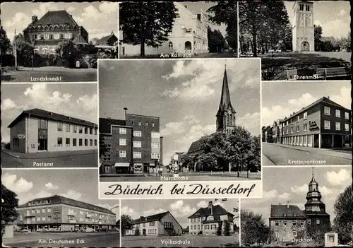 Ak Büderich Meerbusch im Rheinkreis Neuss, Landsknecht, Rathaus, Ehrenmal, Postamt, Dyckhof