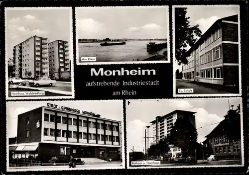 Ak Monheim am Rhein, Hochhaus Waldsiedlung, Ev. Schule, Rathaus und Hochhaus, Sparkasse