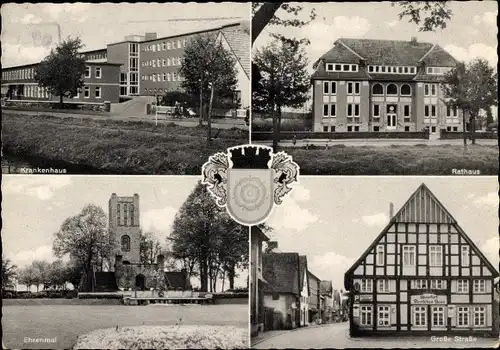 Ak Bramsche in Niedersachsen, Krankenhaus, Rathaus, Große Straße, Ehrenmal