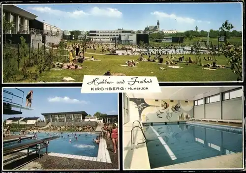 Ak Kirchberg im Rhein Hunsrück Kreis, Hallen u. Freibad, Blick von außen und innen