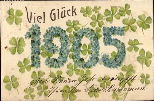 Litho Glückwunsch Neujahr 1905, Glücksklee, Vergissmeinnicht