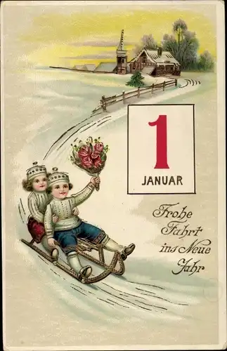 Ak Glückwunsch Neujahr, Kinder, Kalender, Schlittenfahrt