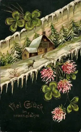 Präge Ak Glückwunsch Neujahr, Haus, Reh, Glücksklee