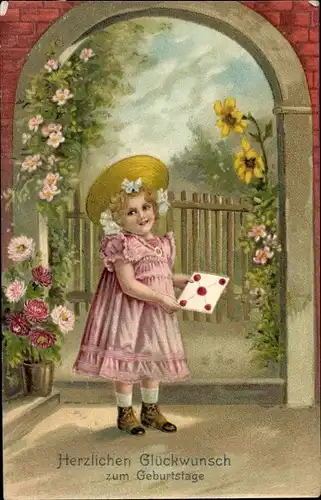 Präge Ak Glückwunsch Geburtstag, Mädchen mit Brief, Blumen, Rosen, Sonnenblumen