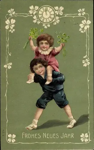 Ak Glückwunsch Neujahr, Kinder, Glücksklee, Uhr
