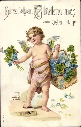 Präge Ak Glückwunsch Geburtstag, Engel, Korb, Glücksklee, Vergissmeinnicht