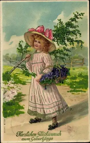 Ak Glückwunsch Geburtstag, Mädchen, Veilchen, Korb, Birke