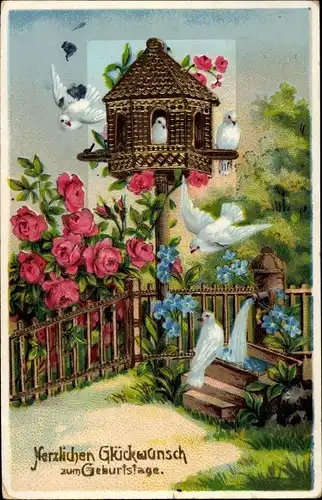 Präge Ak Glückwunsch Geburtstag, Tauben, Rosen, Vergissmeinnicht, Vogelhäuschen