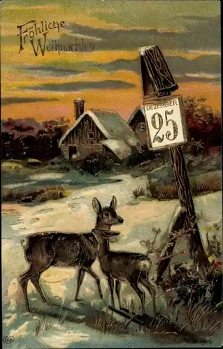 Präge Ak Glückwunsch Weihnachten, Rehe, Kalender, Wohnhaus