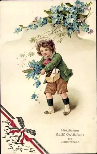 Ak Glückwunsch Geburtstag, Kind, Vergissmeinnicht, Kaiserliche Fahne