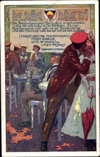 Studentika Künstler Ak Studenten am Tisch trinken Bier, Liebespaar, Kuss