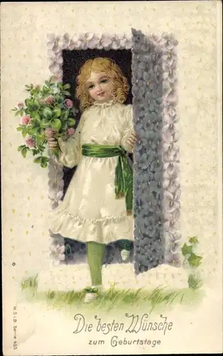 Ak Glückwunsch Geburtstag, Mädchen, Glücksklee, Veilchen